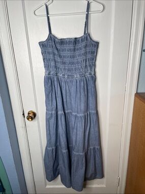 Nwt Gap L Dress Tiered Smocked Blue Cotton Stretch Adjustable Straps Large New